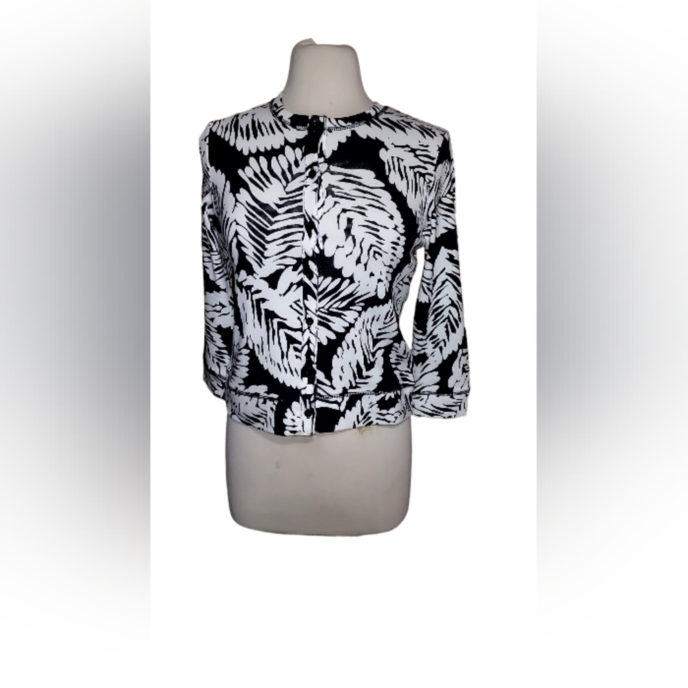 Rafaella S Cardigan Floral Black White 100% Cotton Sweater Top Sweatshir…